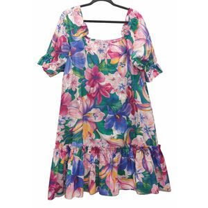 Vintage pomare womens size 14 Hawaiian shift dress 70's cotton pink square neck